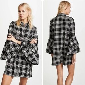 Alice + Olivia Jem Button-Front Long-Sleeve Plaid Shirtdress black and white